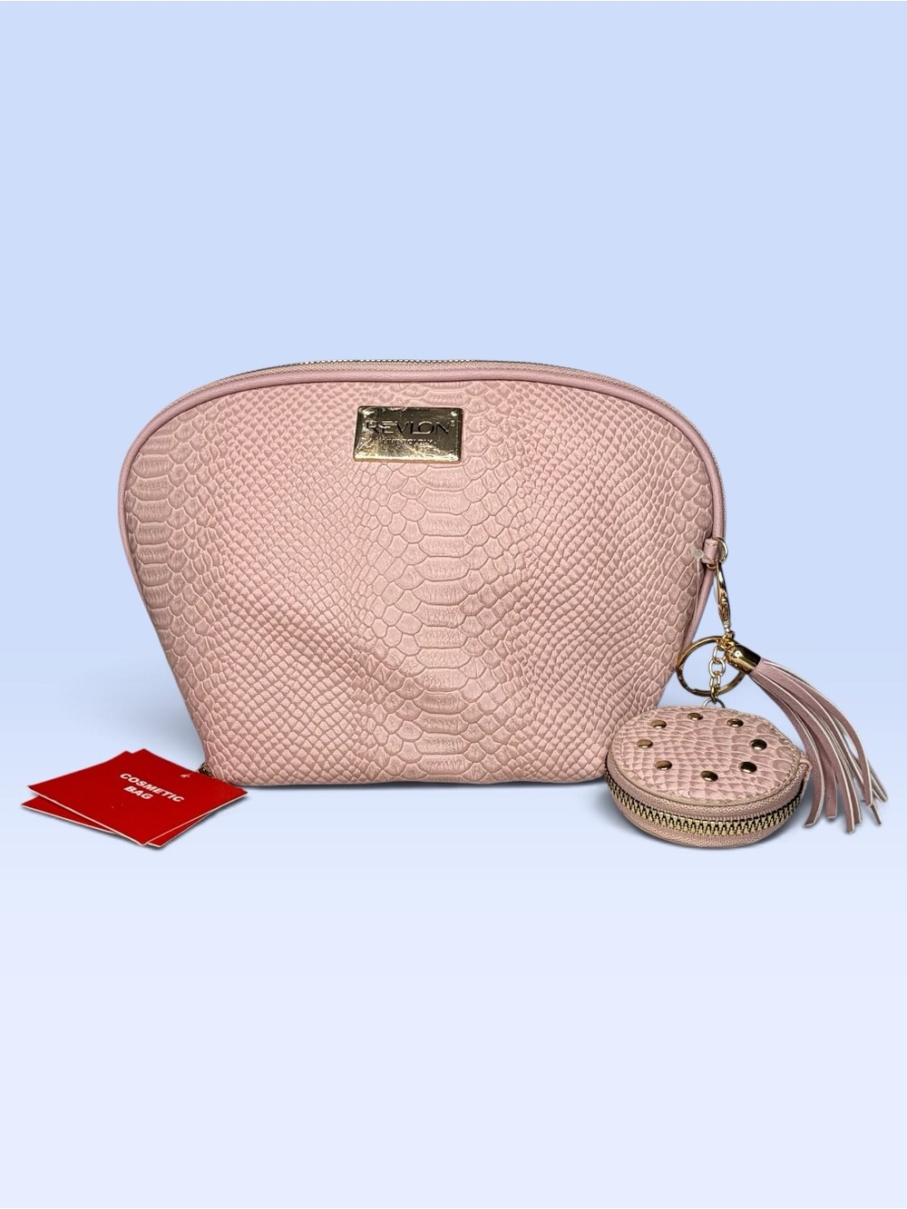 REVLON Croc Embossed Makeup Pouch Cosmetic Bag w/ Tassel & Mirror Keychain
